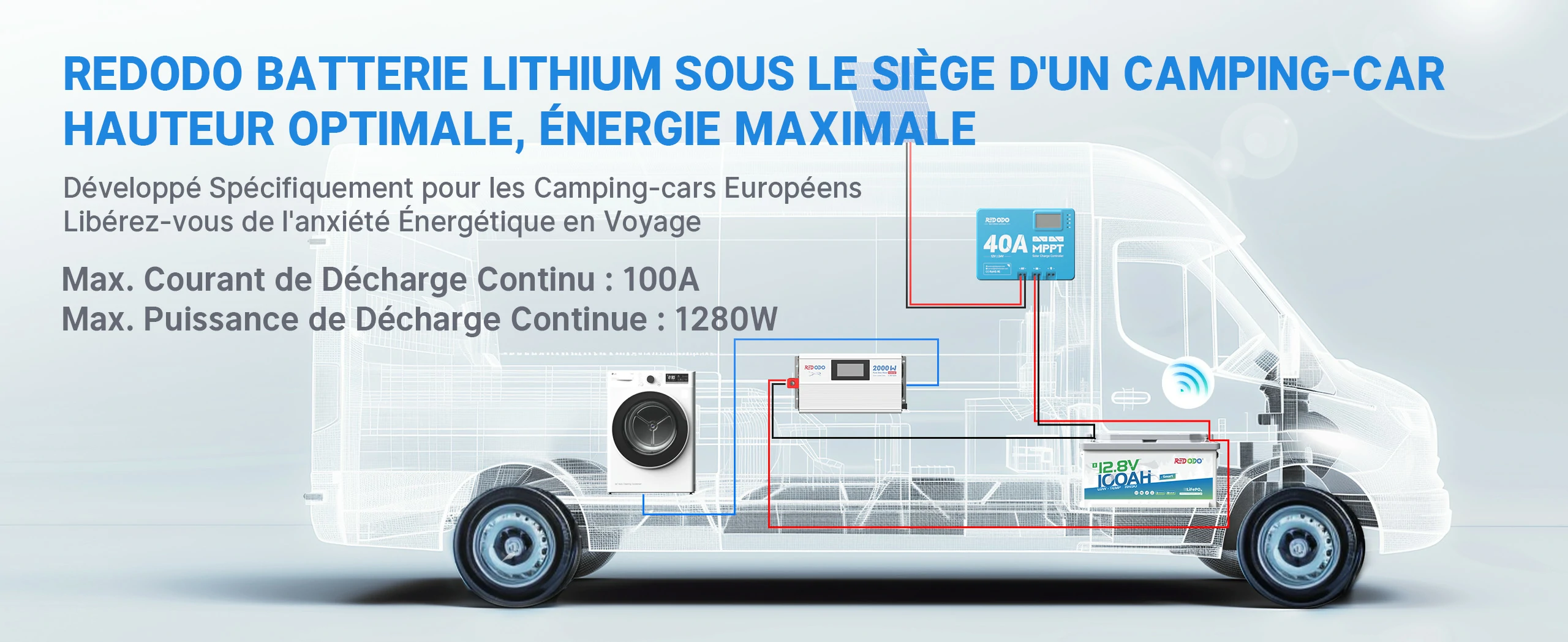 12V 100Ah H190 Bluetooth Batterie LiFePO4 1280W pour camping-car