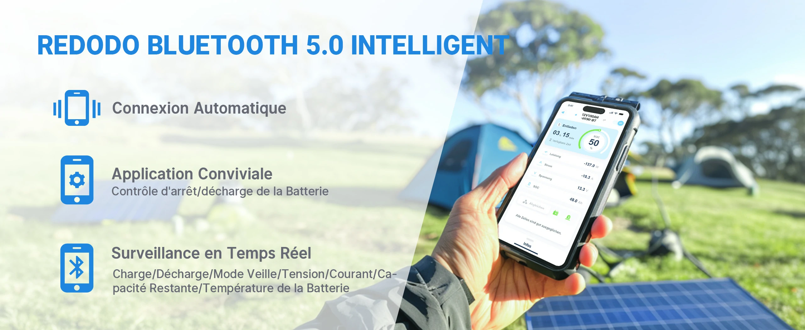 12V 100Ah H190 Bluetooth Batterie LiFePO4 Surveillance via Téléphone