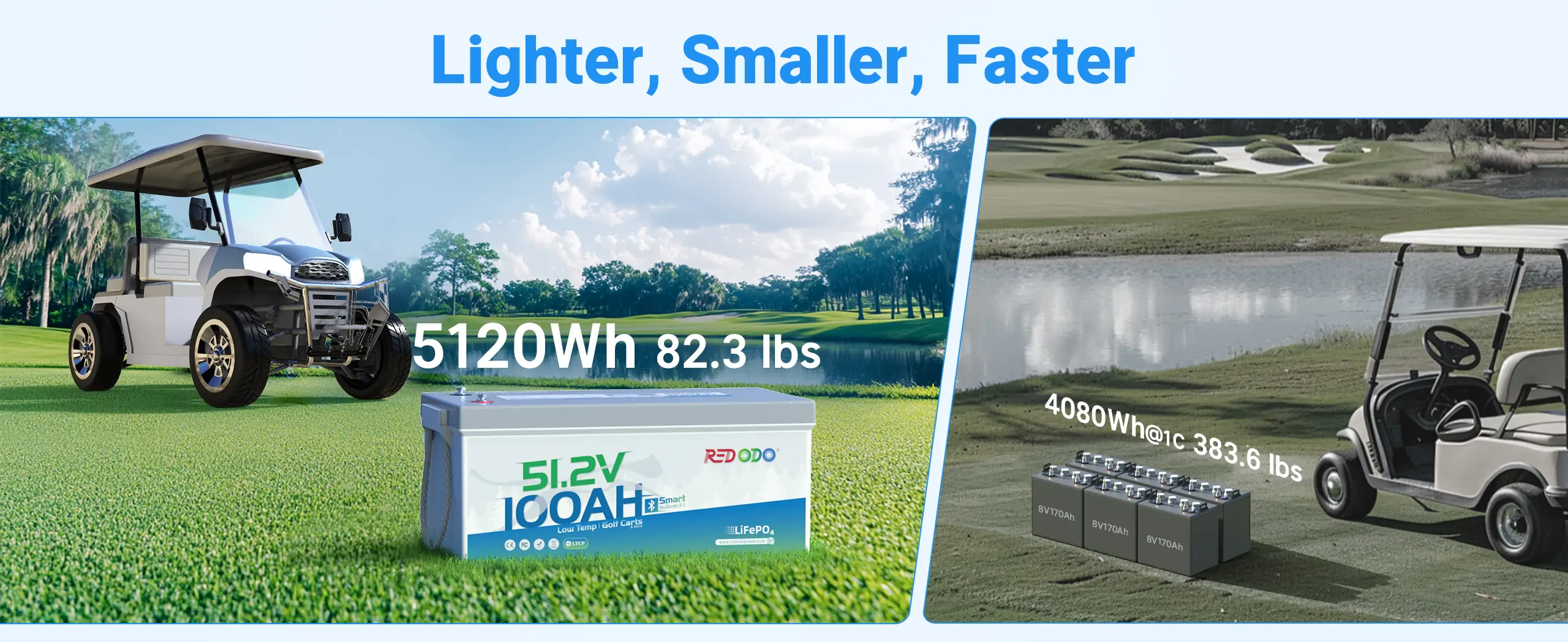 Redodo 48v 100ah golf cart lithium battery vs. 6*8V lead-acid batteries