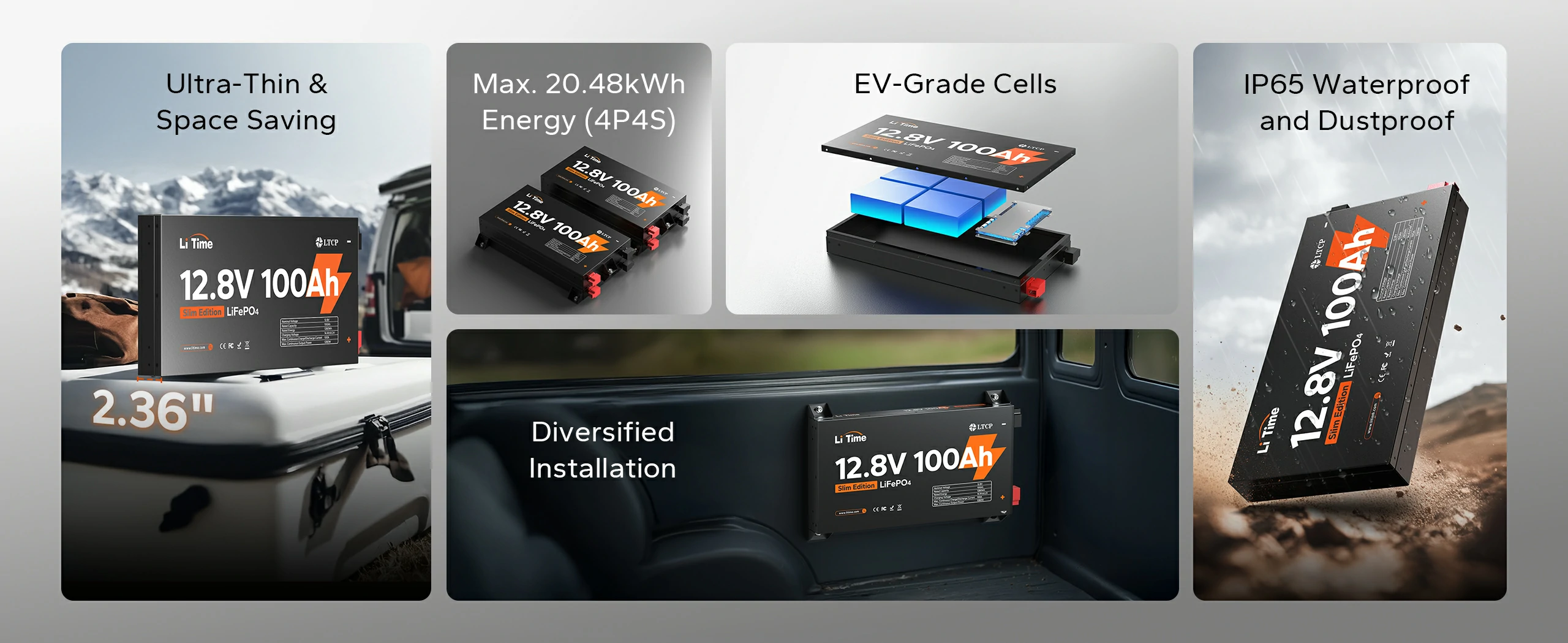 features of litime 12V 100Ah slim lithium battery