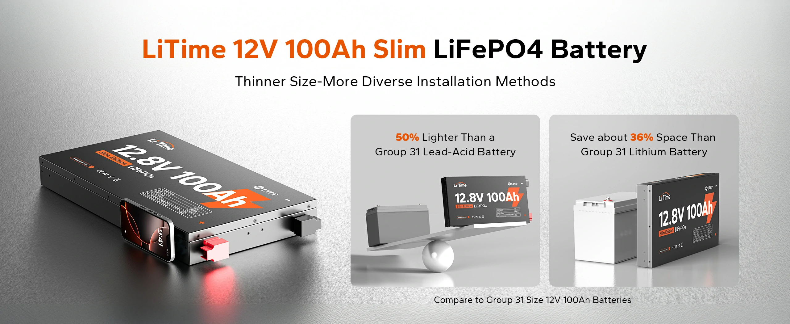 LiTime 12V 100Ah Slim LiFePO4 battery saves 36% space and is 50% lighter than Group 31 lithium and lead-acid batteries.