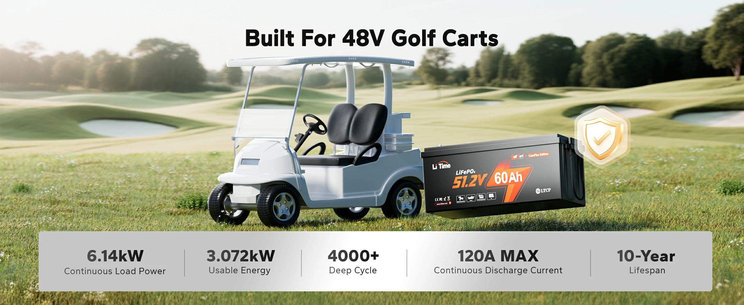 LiTime 48V 60Ah LiFePO4 battery for golf carts offers 6.14kW continuous load, 4000+ deep cycles, and a 10-year lifespan