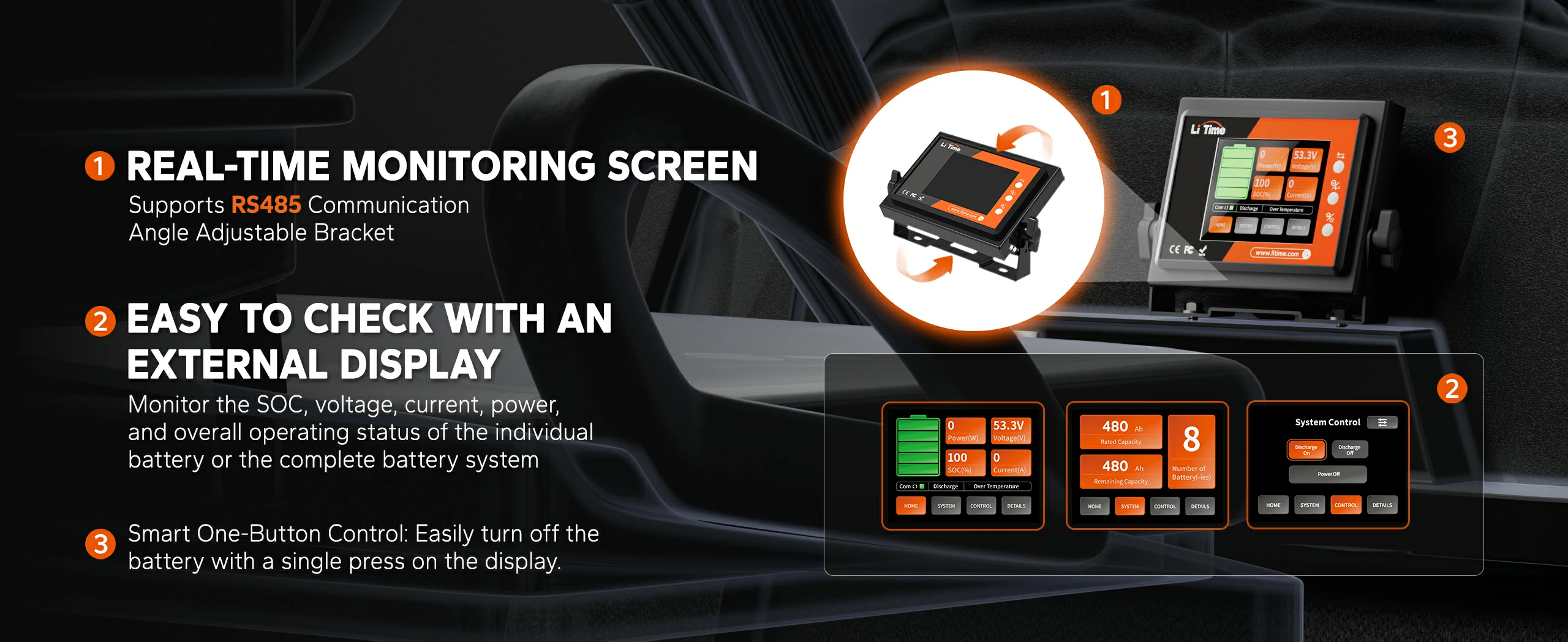 LiTime 48V 60Ah battery features a real-time monitoring screen, tracking SOC, voltage, and easy one-button control for operation