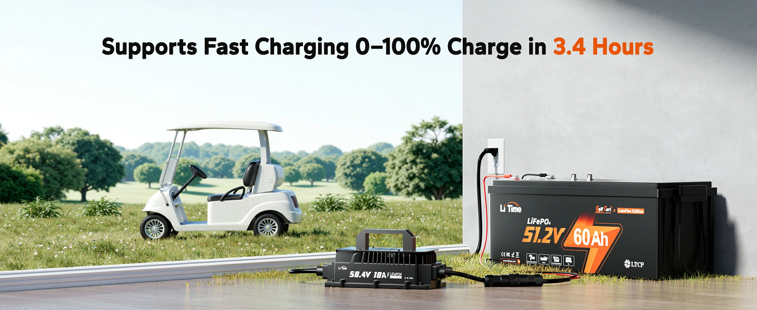 LiTime 48V 60Ah LiFePO4 battery supports fast charging, reaching 0-100% in 3.4 hours for efficient power replenishment