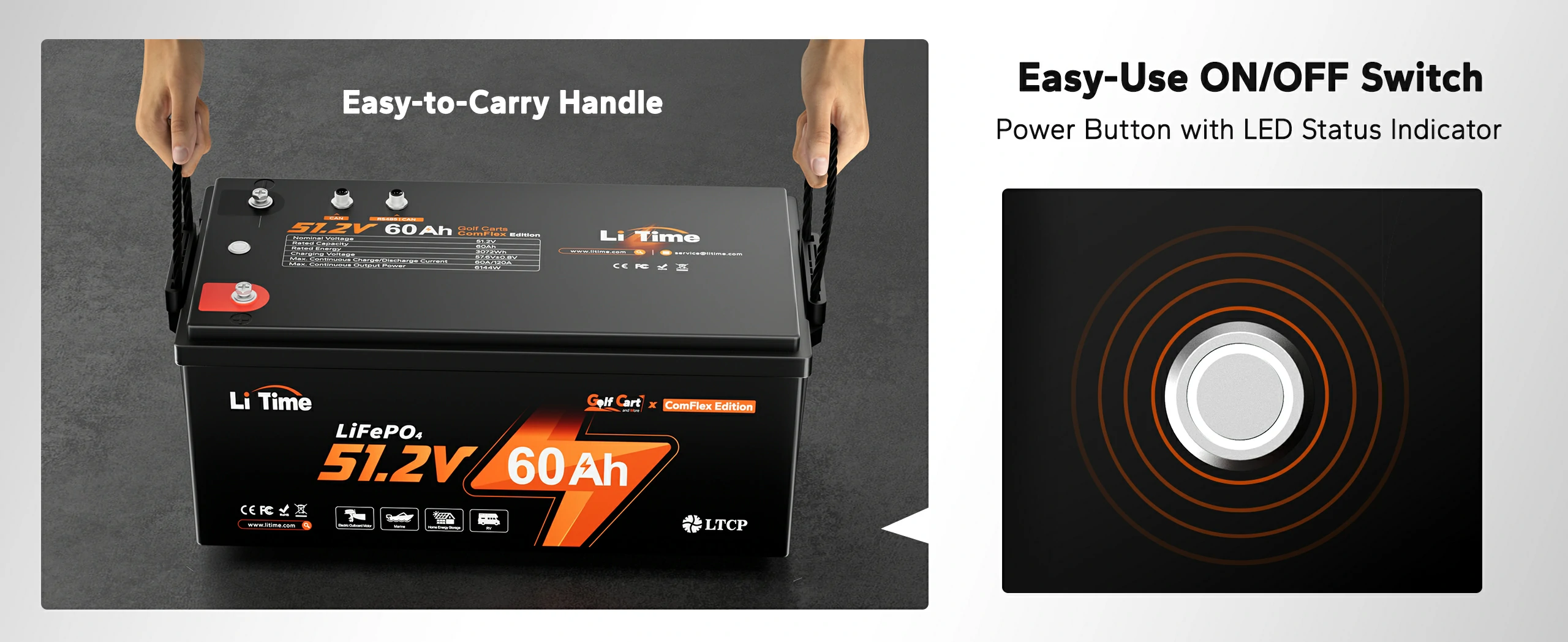 LiTime 48V 60Ah battery features an easy-to-carry handle and a user-friendly ON/OFF switch with an LED status indicator