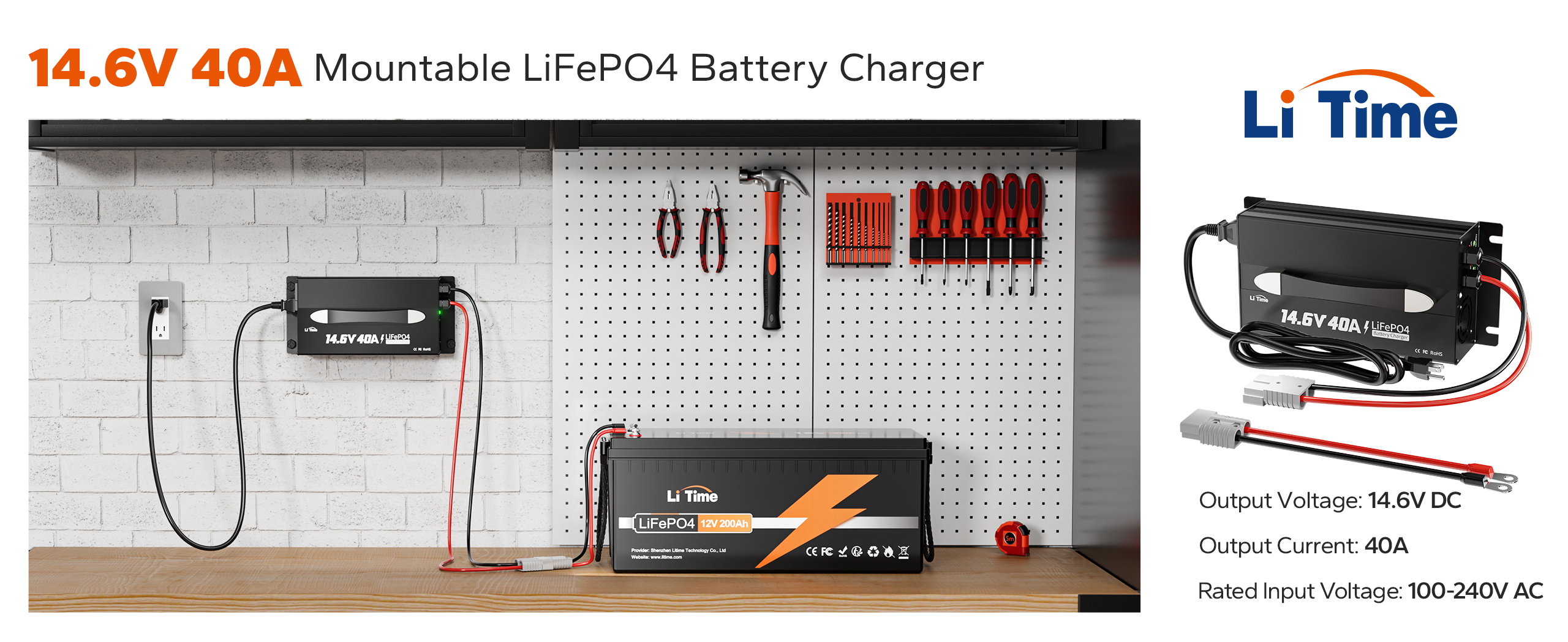LiTime 14.6V 40A mountable LiFePO4 battery charger with 100-240V AC input, 14.6V DC output voltage, and 40A output current