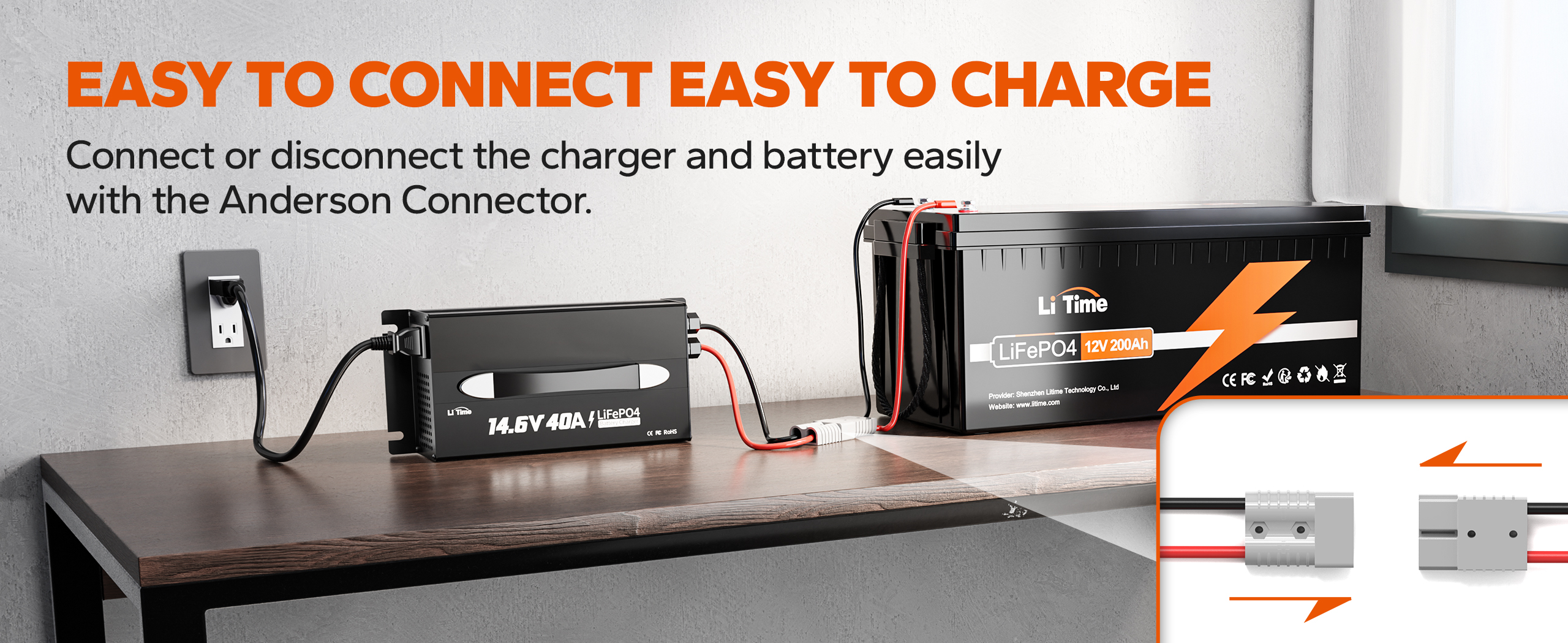LiTime 14.6V 40A LiFePO4 battery charger: easy to connect and charge with the Anderson Connector