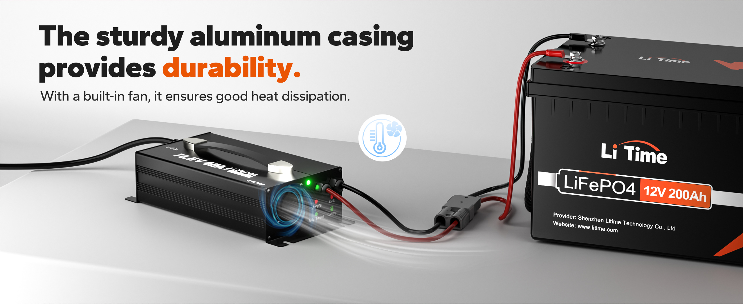 LiTime 14.6V 40A LiFePO4 battery charger with sturdy aluminum casing for durability and a built-in fan for good heat dissipation