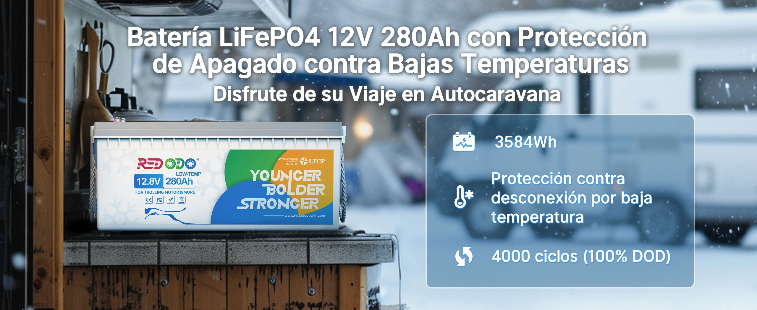 Redodo Batería de Litio 12V 280Ah Temperatura Baja - Protección de Apagado contra Bajas Temperaturas