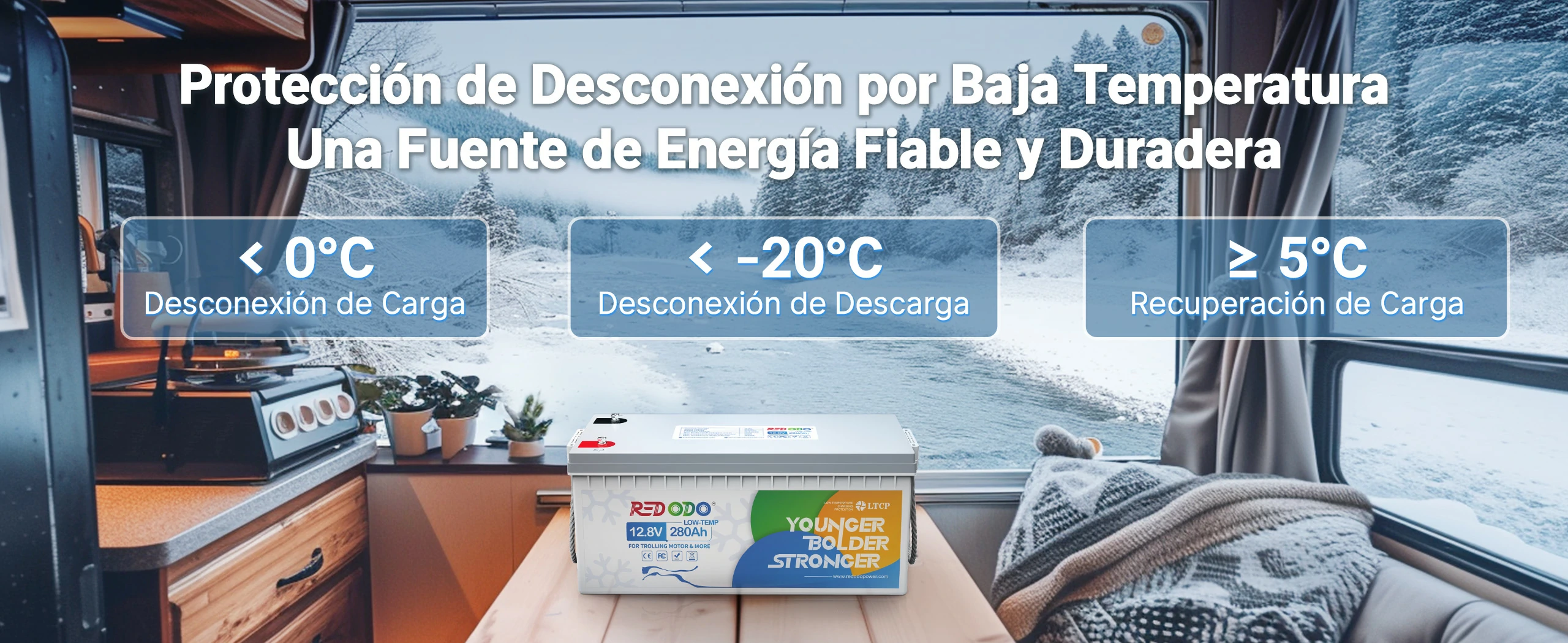 Redodo Batería de Litio 12V 280Ah Temperatura Baja - Protección de Desconexión por Baja Temperatura en Clima Frío