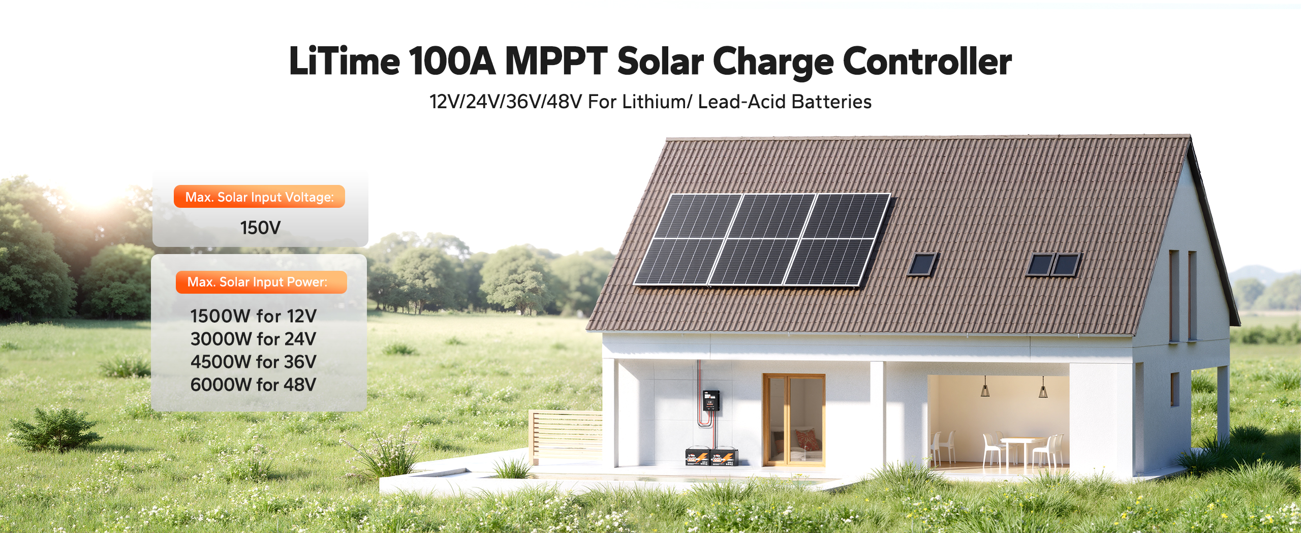 LiTime 100A MPPT solar charge controller supports 12V/24V/36V/48V systems, with max input voltage of 150V and power for various battery types