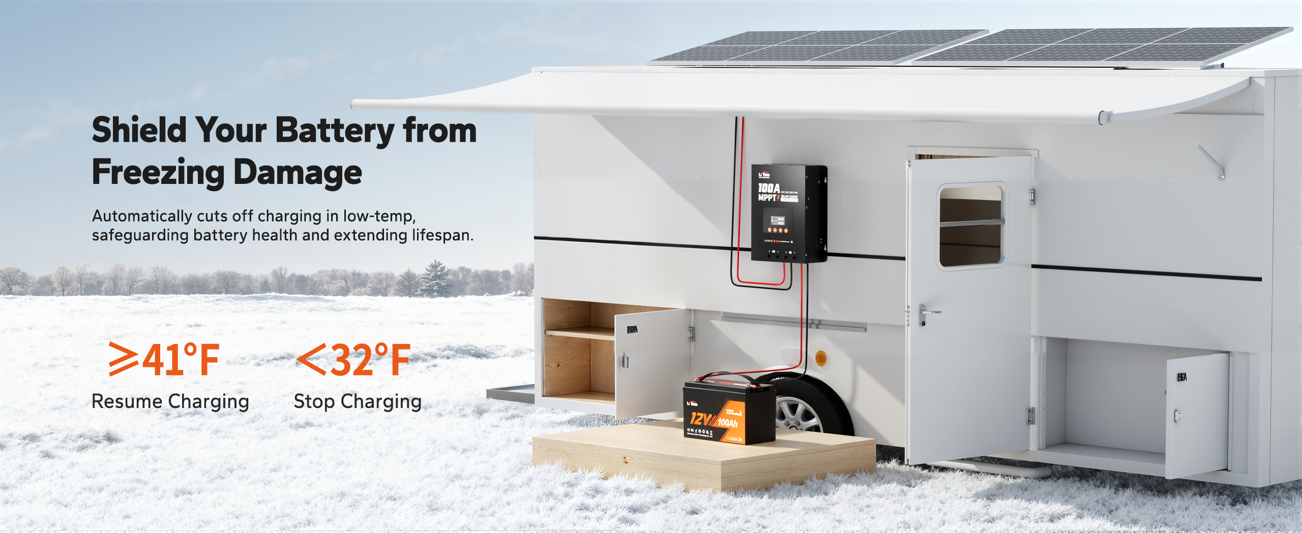 LiTime 100A MPPT solar charge controller protects batteries by stopping charging below 32°F and resuming above 41°F for optimal health