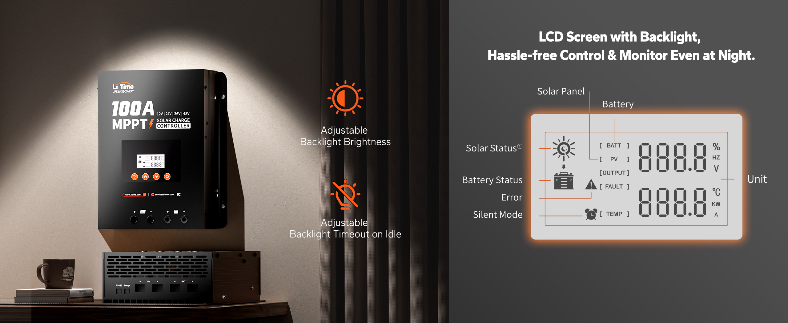 LiTime 100A MPPT solar charge controller features an adjustable LCD screen with backlight for easy monitoring and control, even at night