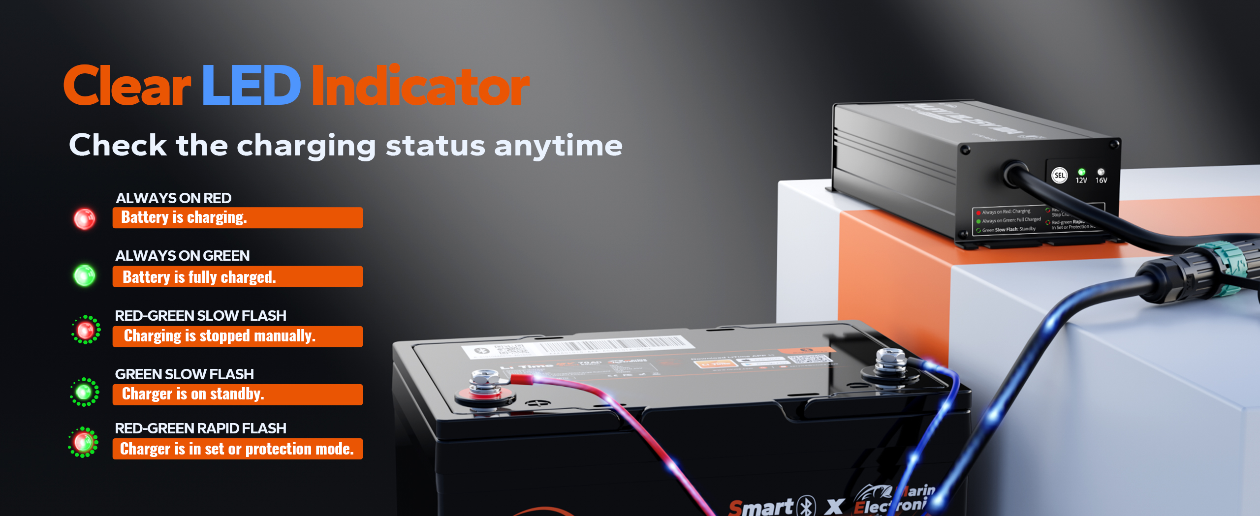 LiTime 16v battery charger with clear led indicator showing charging status