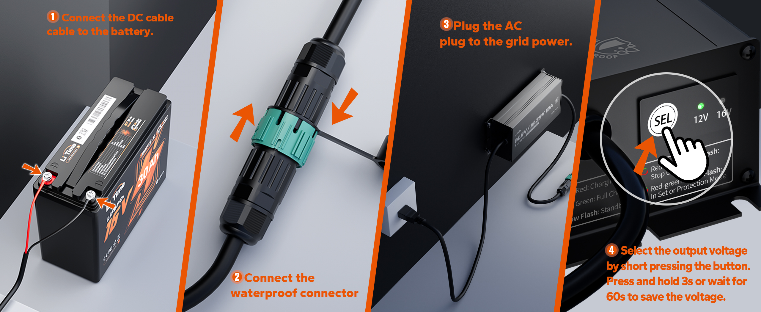 guide of how to connect litime 12v/16v lifepo4 lithium battery charger