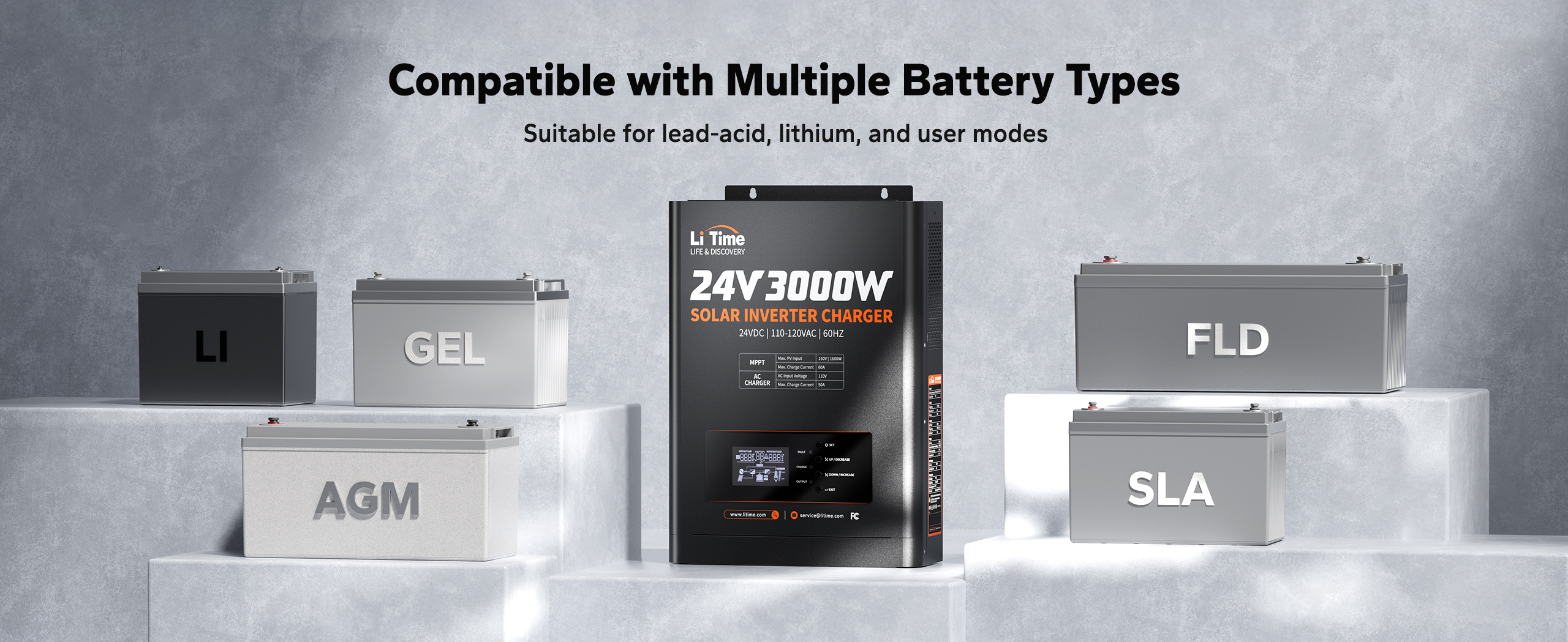LiTime 24V 3000W solar inverter charger for multiple battery types