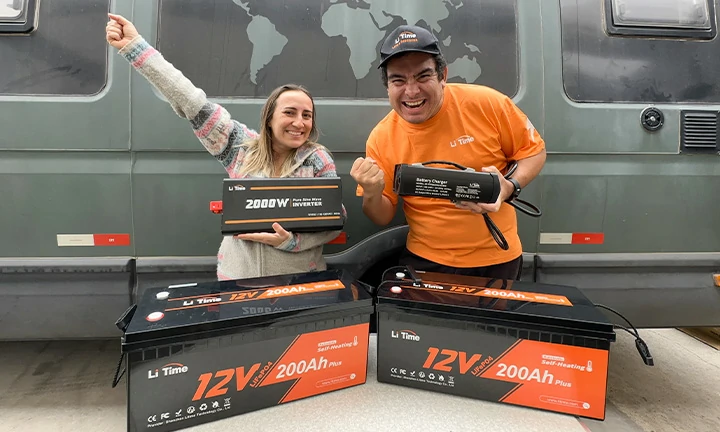 excited customers with their complete LiTime off-grid RV kit, including LiFePO4 batteries, an inverter, and a battery charger