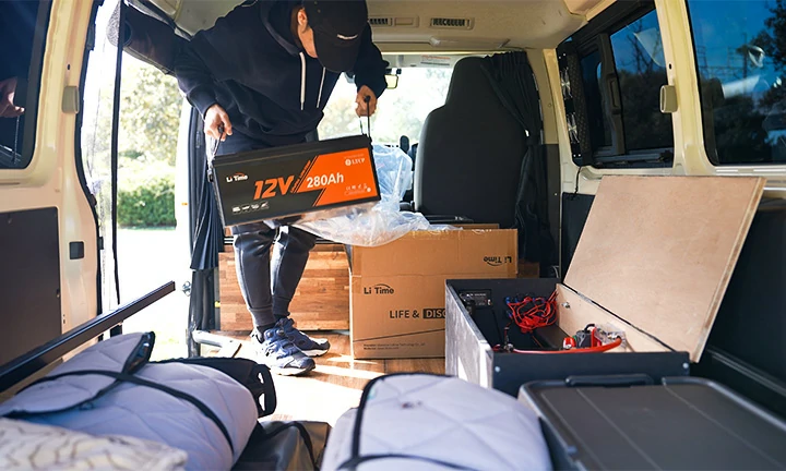 installing a LiTime 12V 280Ah battery in a custom van, the perfect power source for reliable, long-lasting off-grid energy