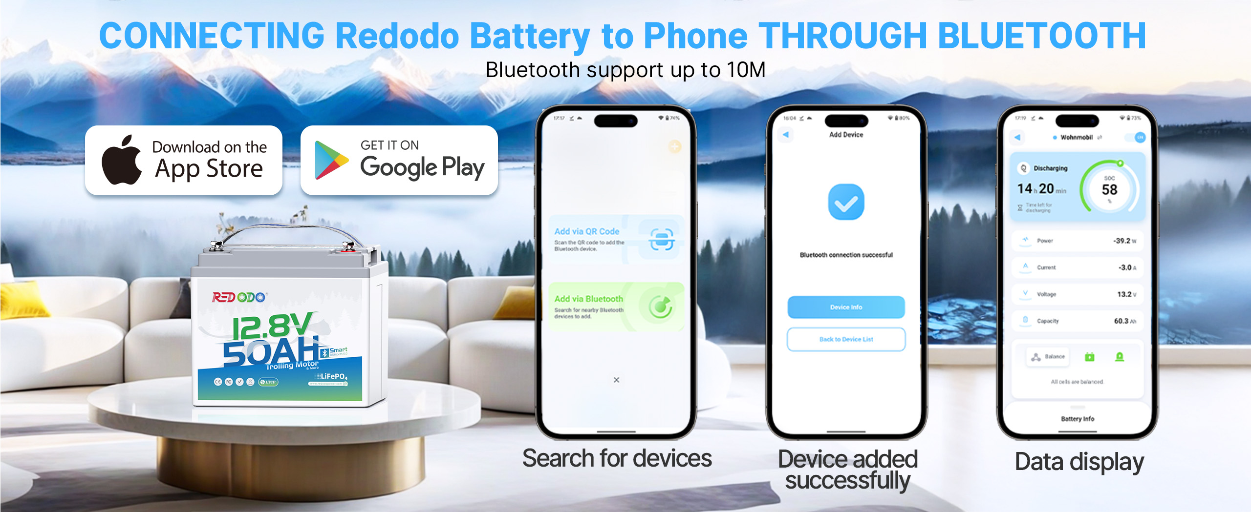 connecting Redodo 12V 50Ah lithium Bluetooth battery to phone