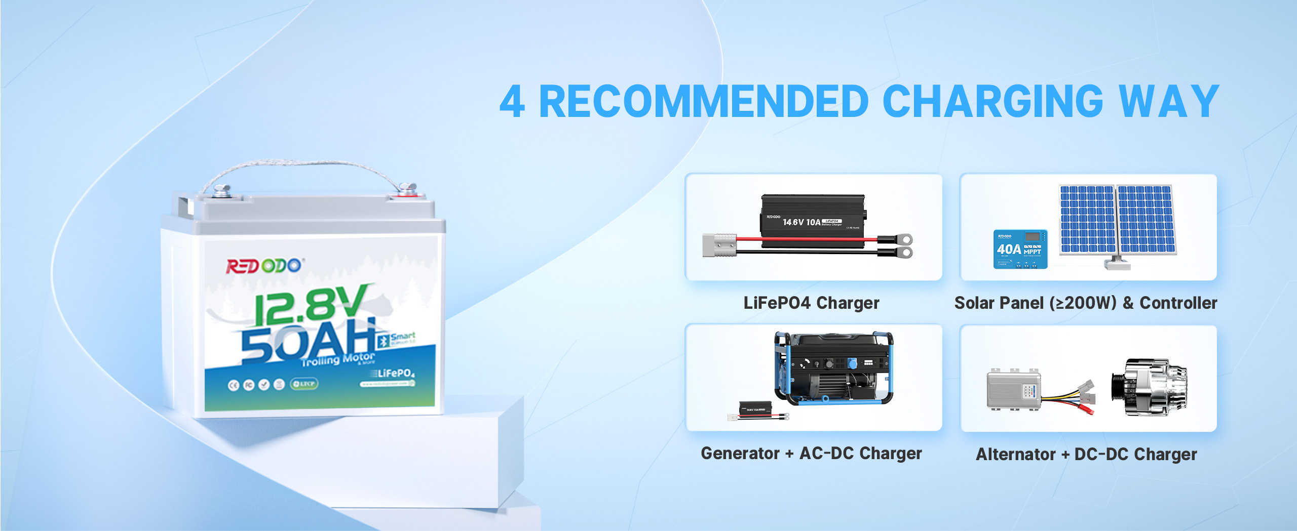 charging ways of Redodo 12V 50Ah lithium smart-bluetooth battery 