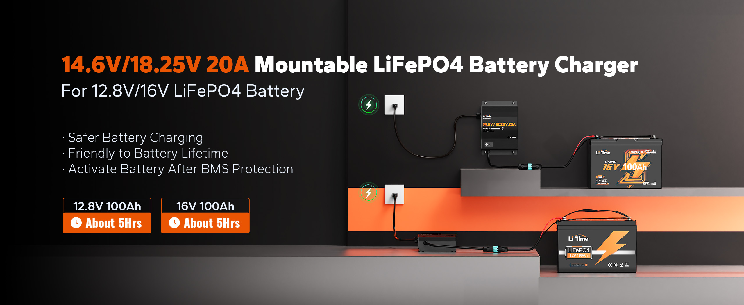 LiTime lithium battery charger for 12v/16v lifepo4 battery