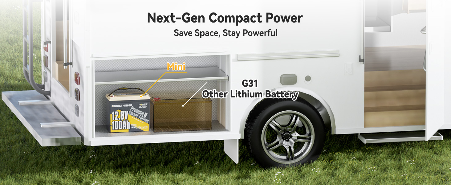 Mini lithium battery installed in RV compartment showing compact space saving compared to G31