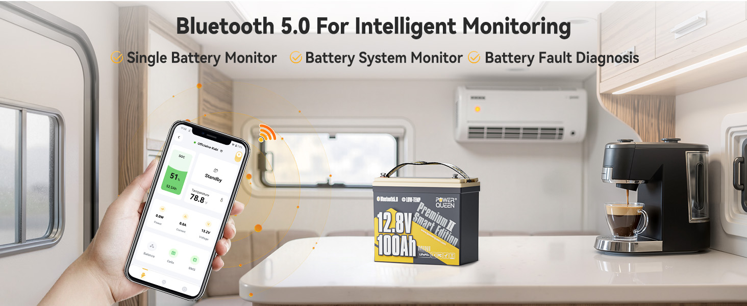 Smart Bluetooth-enabled monitoring of Power Queen 12V 100Ah battery inside camper