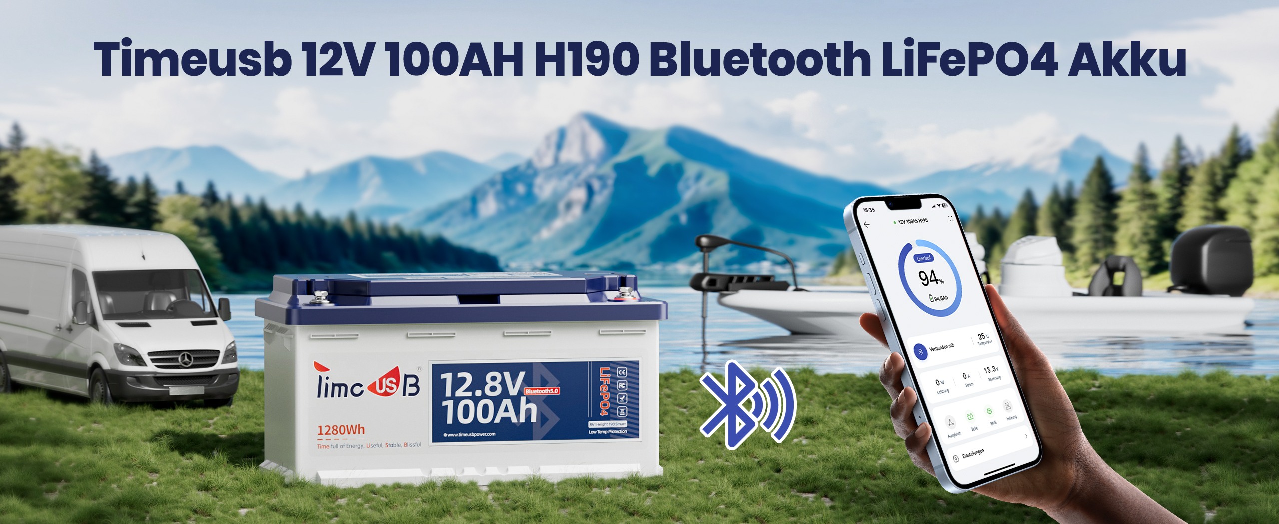 Timeusb LiFePO4 12V 100Ah H190 Smart Batterie mit Bluetooth 5,0 und Tieftemperaturschutz