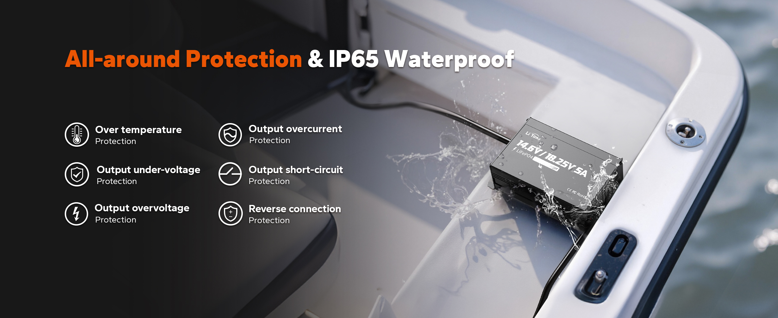 ip65 waterproof & all around protection of litime 12/16v lifepo4 battery charger