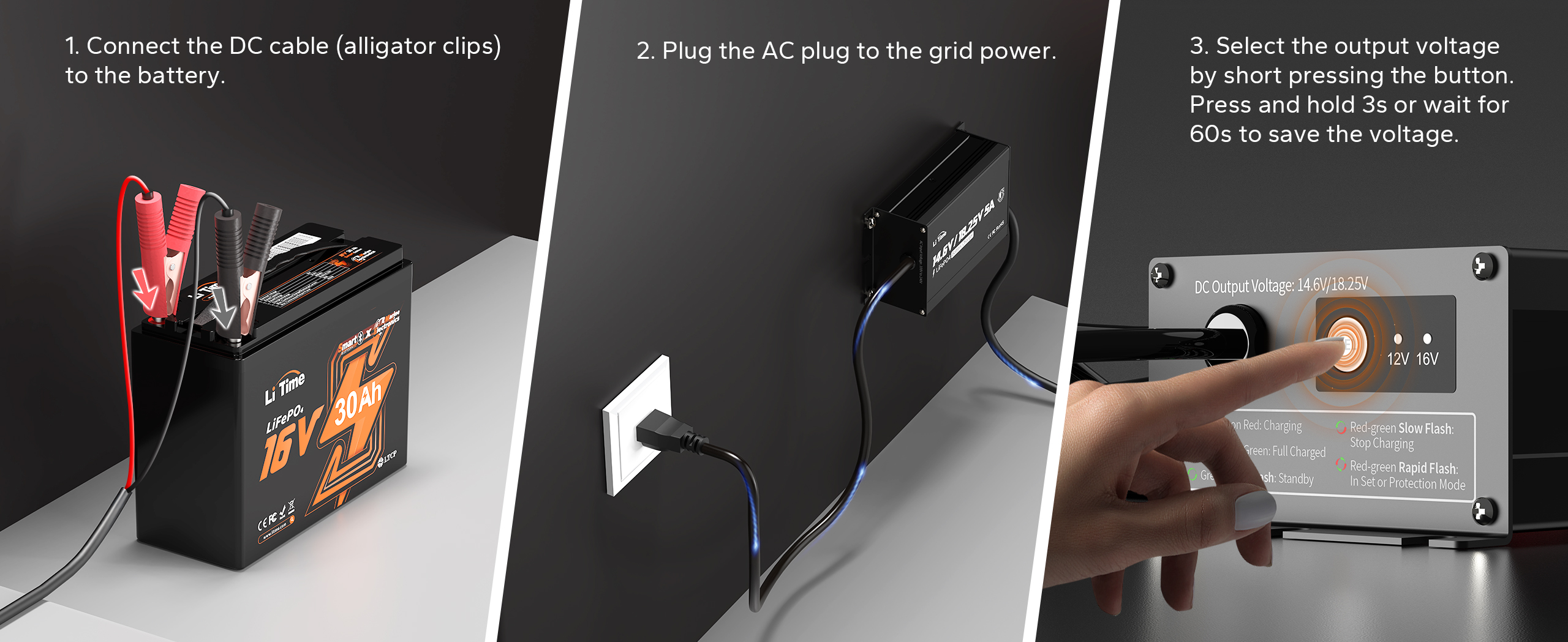 3 steps of litime 12v/16v lifepo4 battery charger