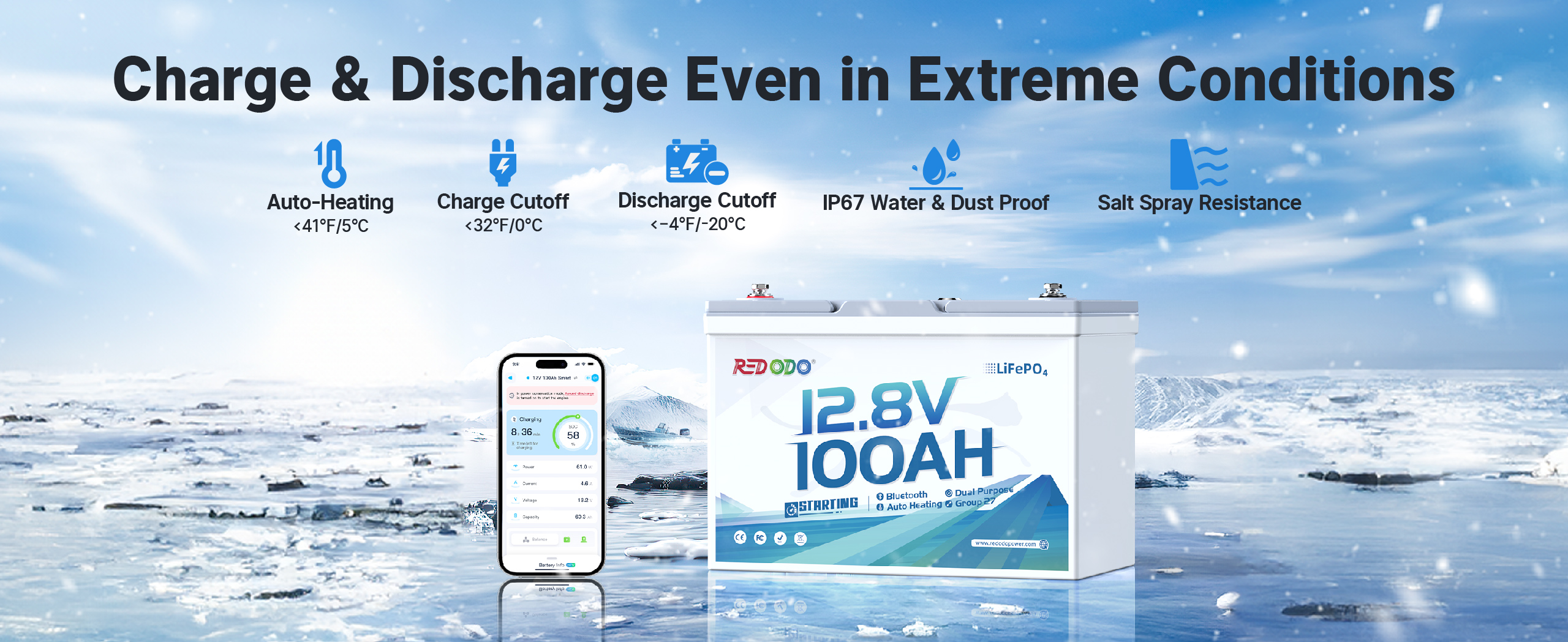 Redodo 12V 100Ah Group 27 lithium marine battery for cold weather