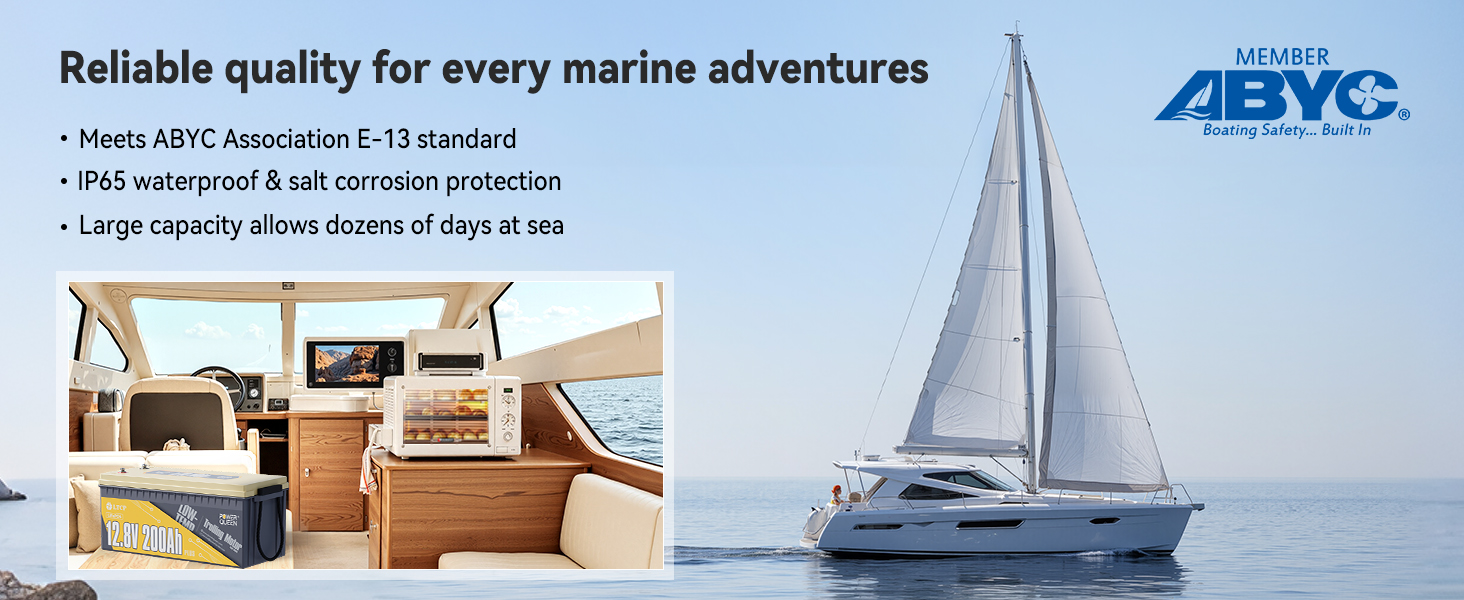 Power Queen 12V 200Ah PLUS battery for marine use, ABYC E-13 certified, IP65 waterproof, ideal for long sea adventures