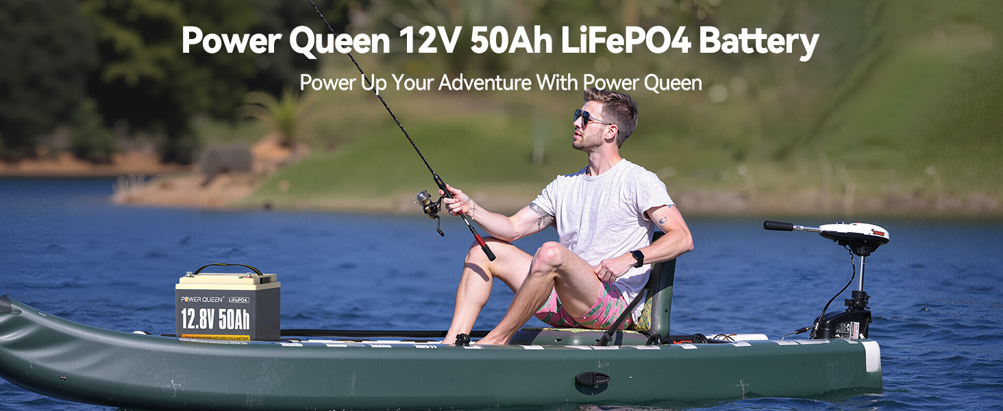 Power Queen 12V 50Ah LiFePO4 battery powering trolling motor on a fishing kayak