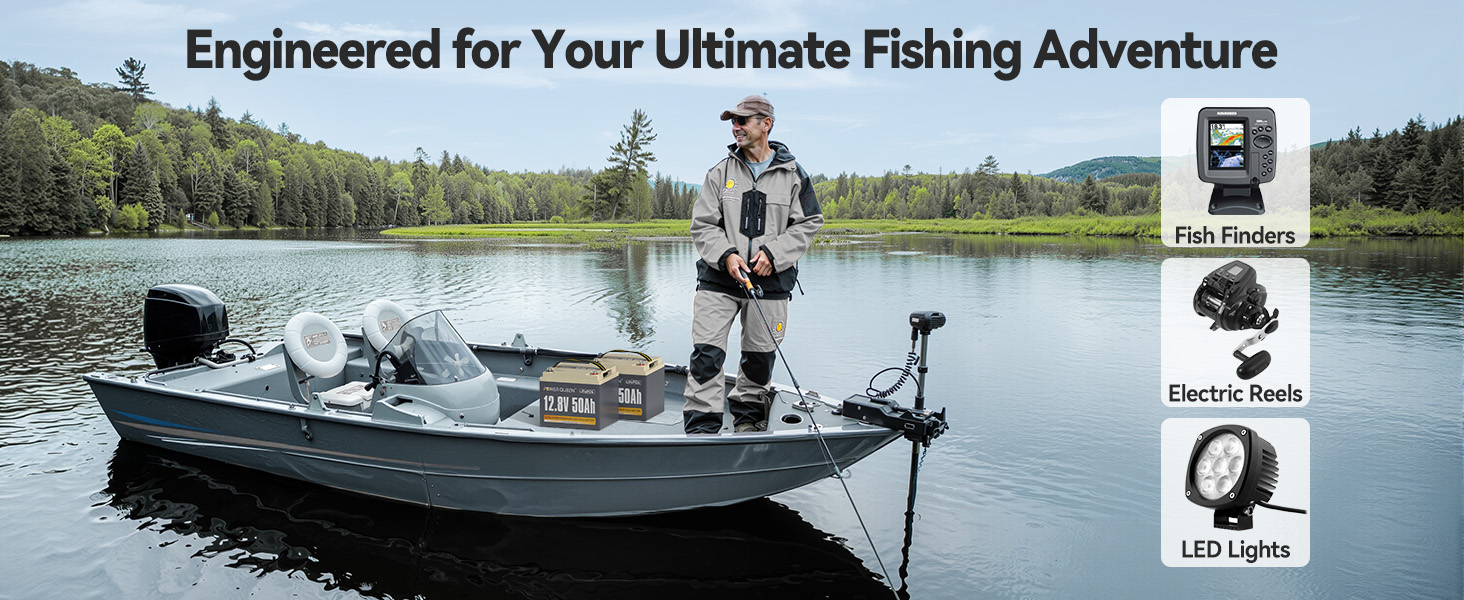 Power Queen 12V 50Ah LiFePO4 battery used with fish finders, electric reels, and LED lights on fishing boat