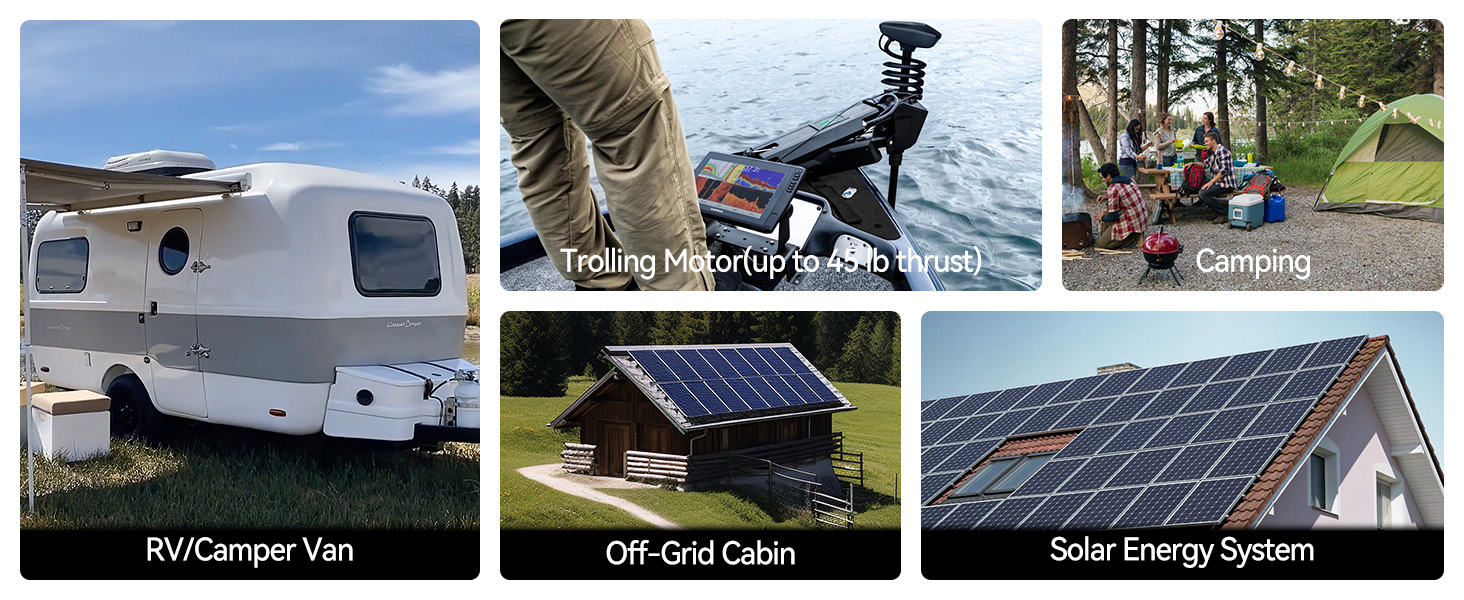 Power Queen 12V 50Ah lithium battery used in RVs, camper vans, trolling motors, off-grid cabins, and solar systems