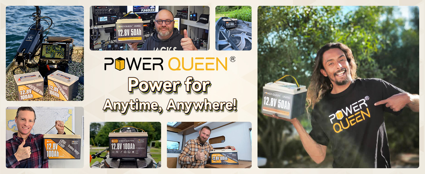 Happy customers using Power Queen 12V 50Ah lithium battery in various real-life applications