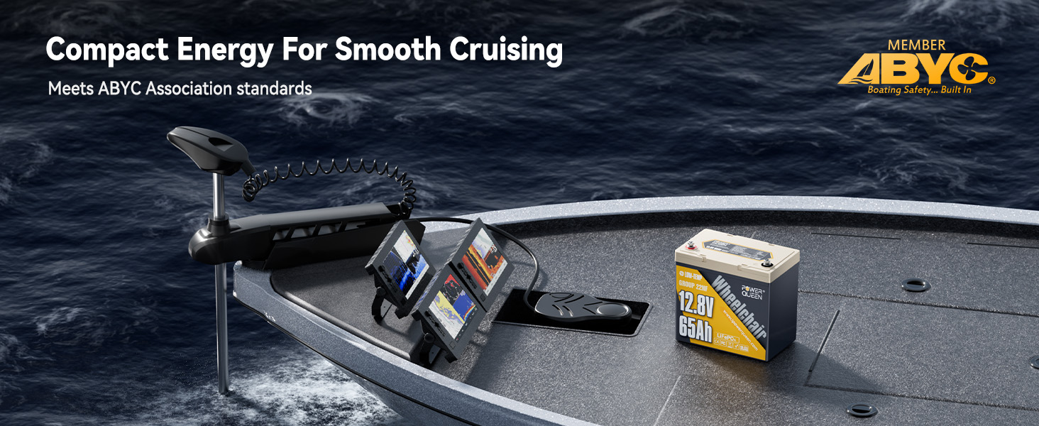 Power Queen 12.8V 65Ah lithium battery used on fishing boat with trolling motor, meeting ABYC boating safety standards.