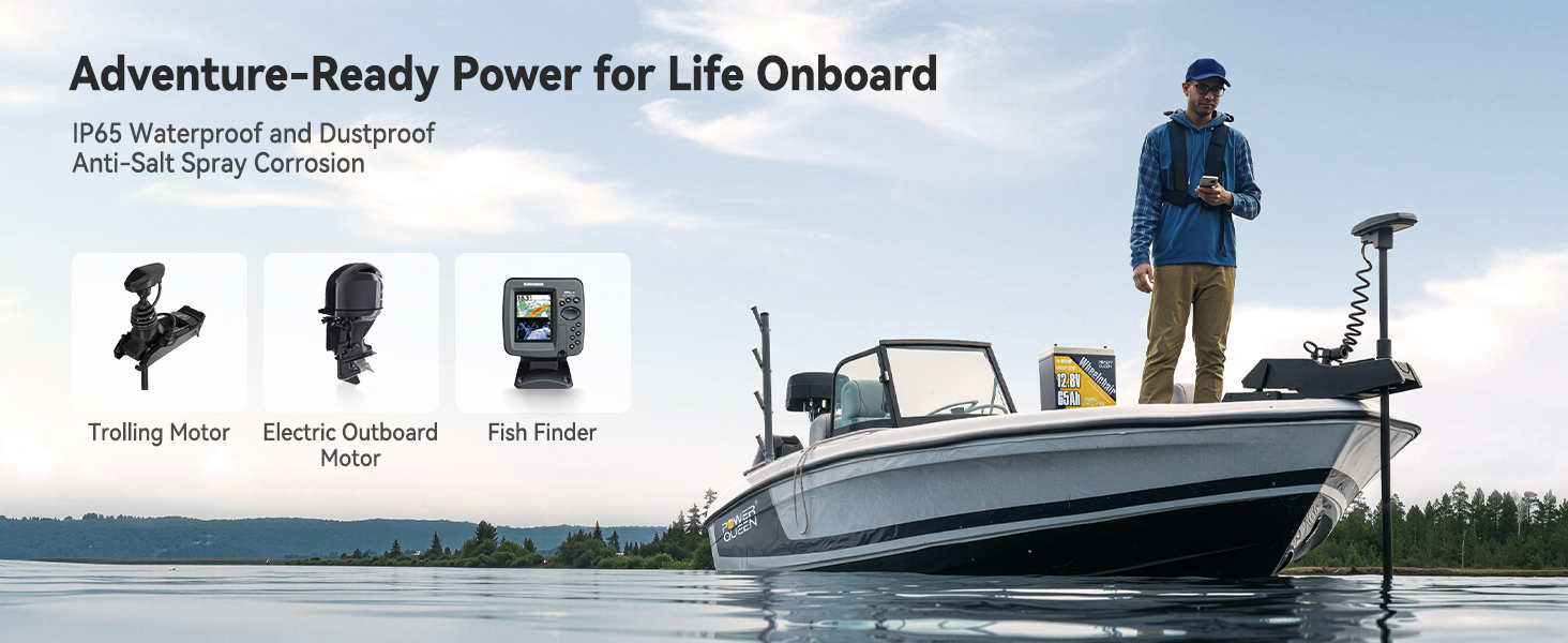 Boater using Power Queen 12V 65Ah lithium battery to power trolling motor, electric outboard, and fish finder with waterproof protection.