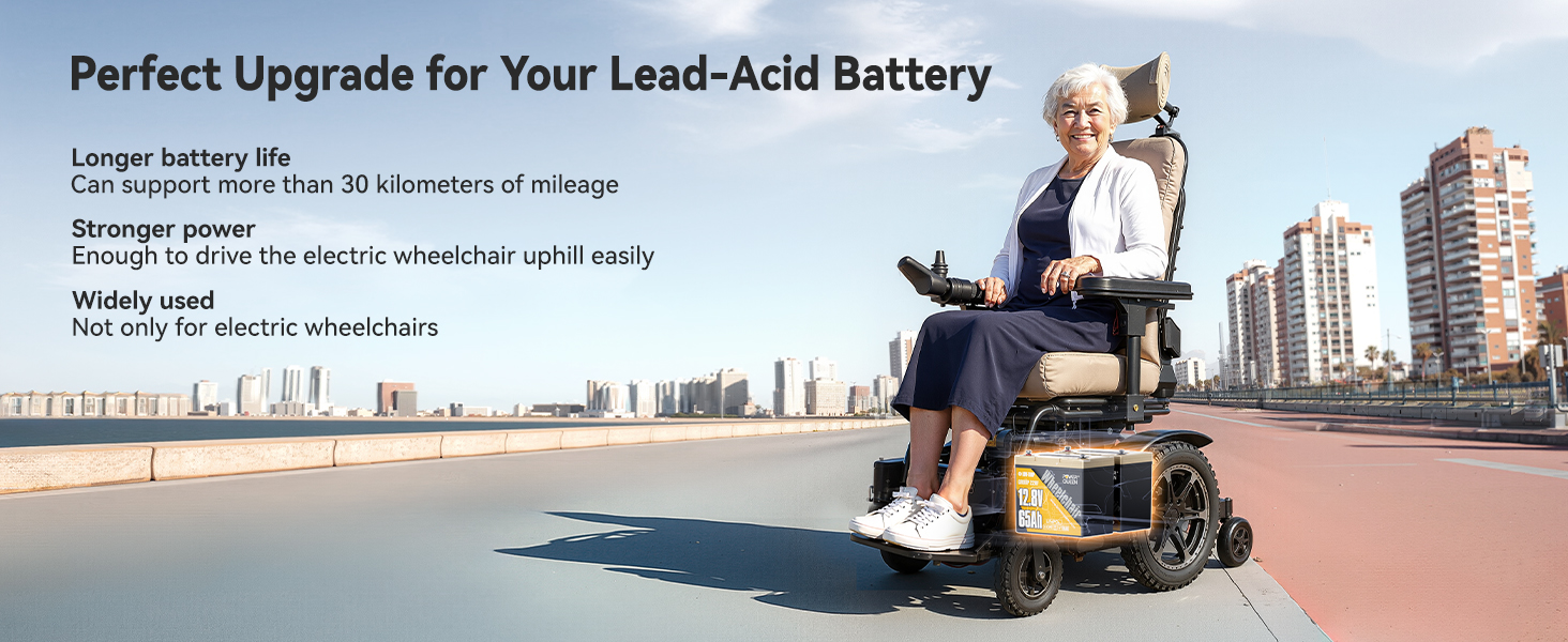 Senior woman in electric wheelchair powered by Power Queen 12V 65Ah LiFePO4 battery, replacing traditional lead-acid battery for longer mileage.