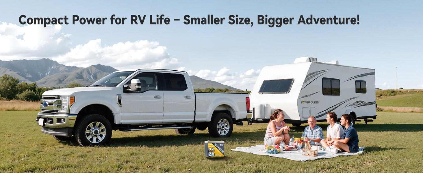 Compact Power Queen 12V 65Ah LiFePO4 battery beside RV and family picnic scene, ideal for off-grid camping and road trips.