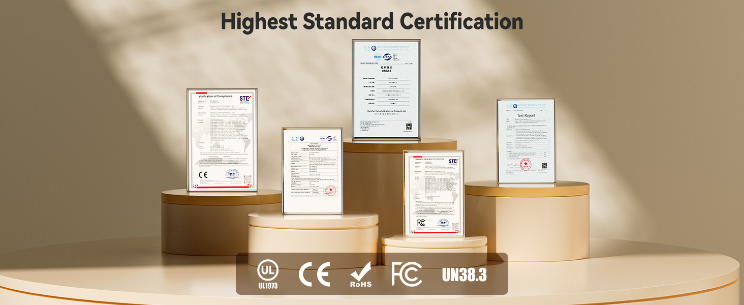 Certifications for Power Queen 12V 100Ah Mini LiFePO4 battery including UL, CE, FCC and UN38.3