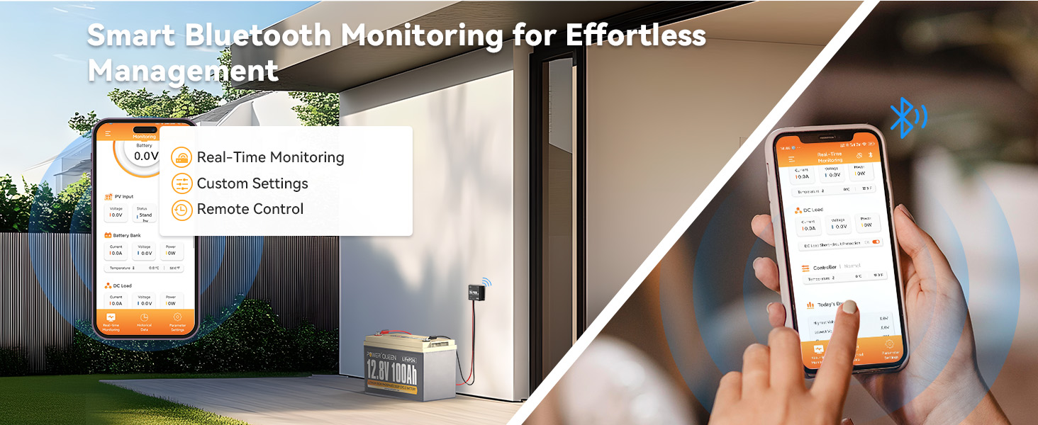 Power Queen solar charge controller supports smart Bluetooth monitoring with real-time data, custom settings, and remote control via app