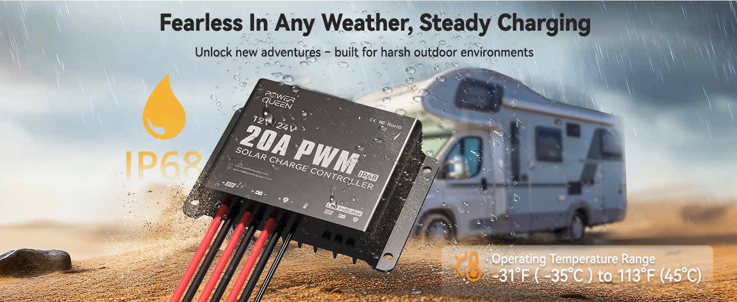 Power Queen 20A 12V/24V PWM solar charge controller with IP68 waterproof protection for outdoor use in rain, dust, and storm environments.