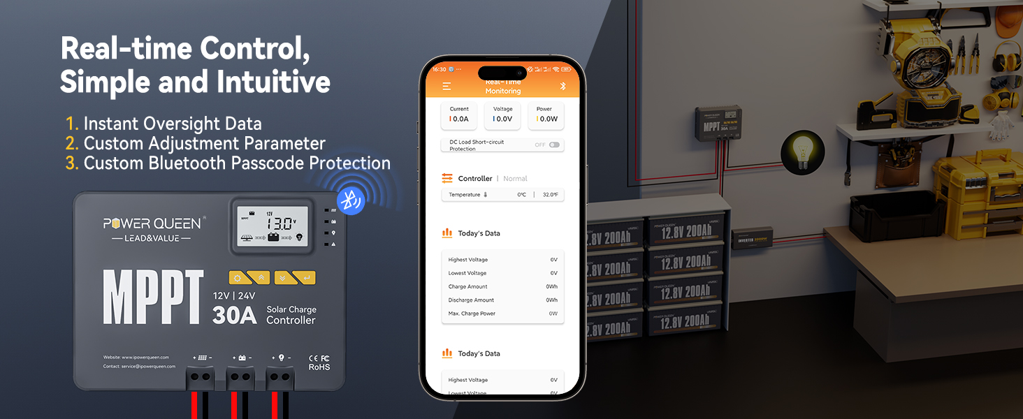 Power Queen 30A MPPT solar charge controller shown with real-time Bluetooth app control for voltage, current, and protection settings