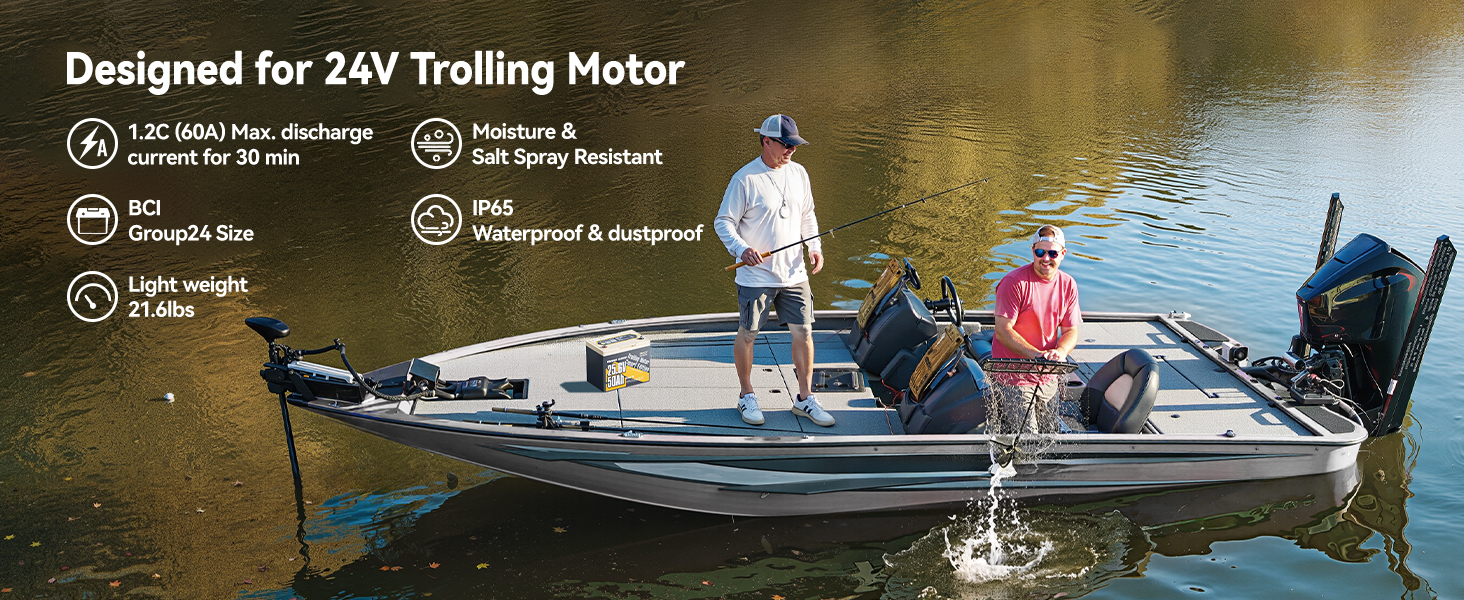 Power Queen 24V 50Ah LiFePO4 battery on fishing boat for trolling motor with IP65 waterproof and Group24 size
