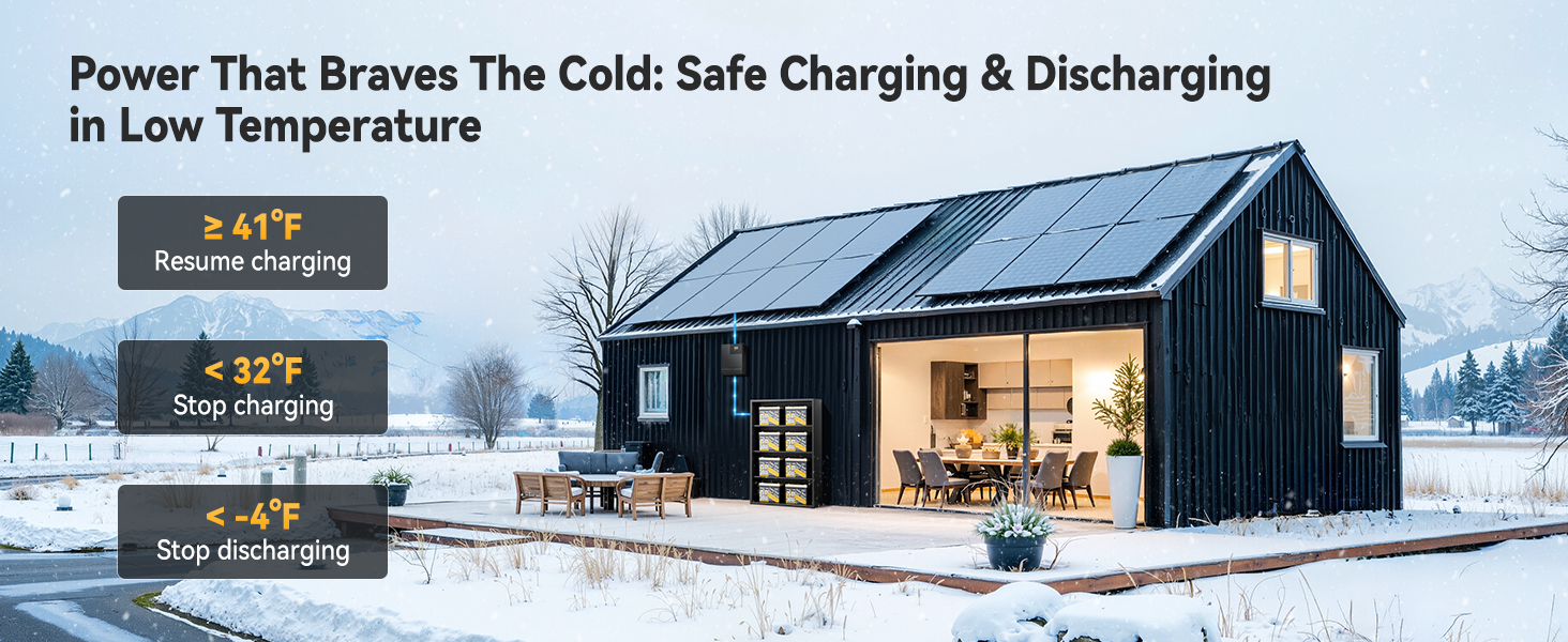 Cold-weather lithium battery for home solar with automatic protection at 41°F charging recovery and -4°F discharge cutoff