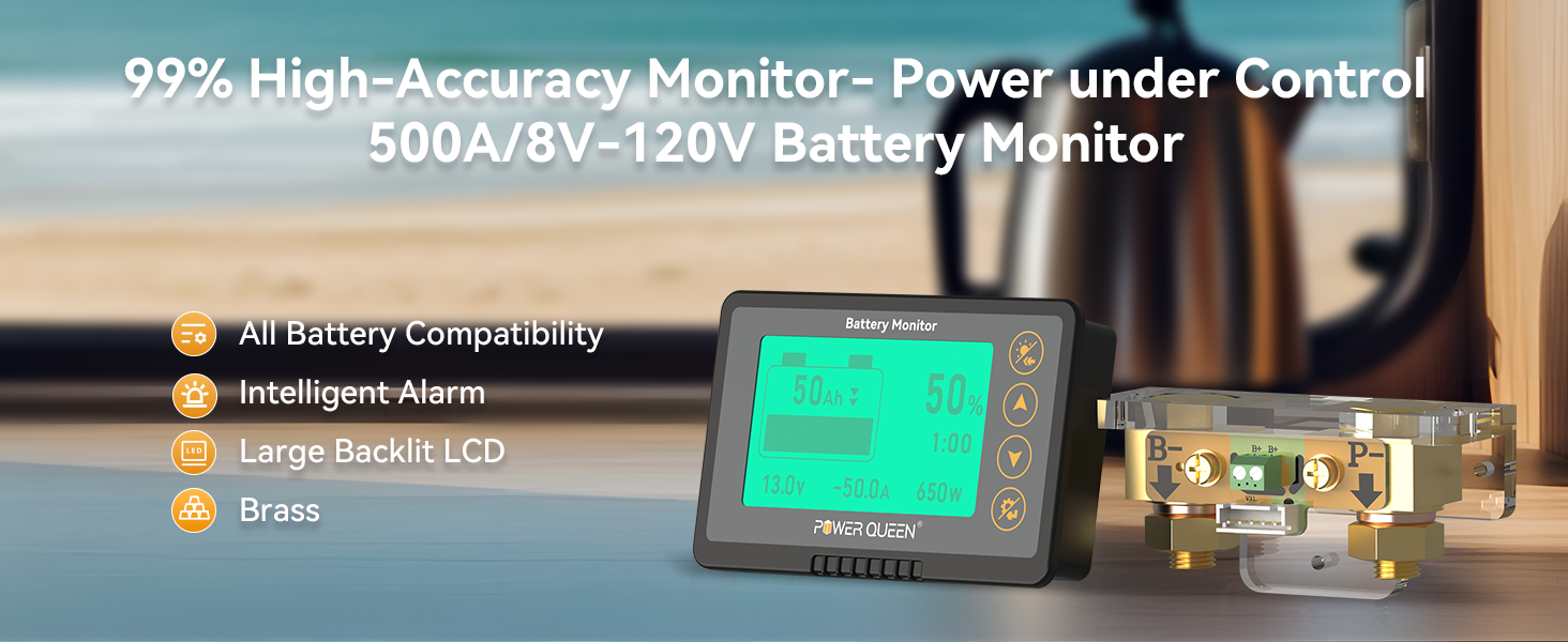 Power Queen 500A Battery Monitor with intelligent alarm, large LCD, brass shunt, and compatibility with all battery types from 8V to 120V