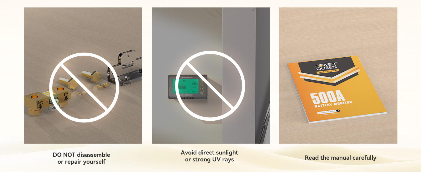 Safety reminders for Power Queen Battery Monitor: do not disassemble, avoid direct sunlight, and read the manual carefully