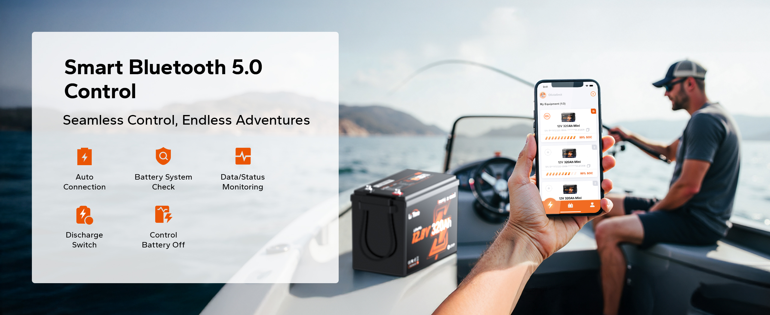 LiTime 12V 320Ah Mini LiFePO4 battery with Bluetooth 5.0 app control for marine/RV adventures, monitoring status and discharge