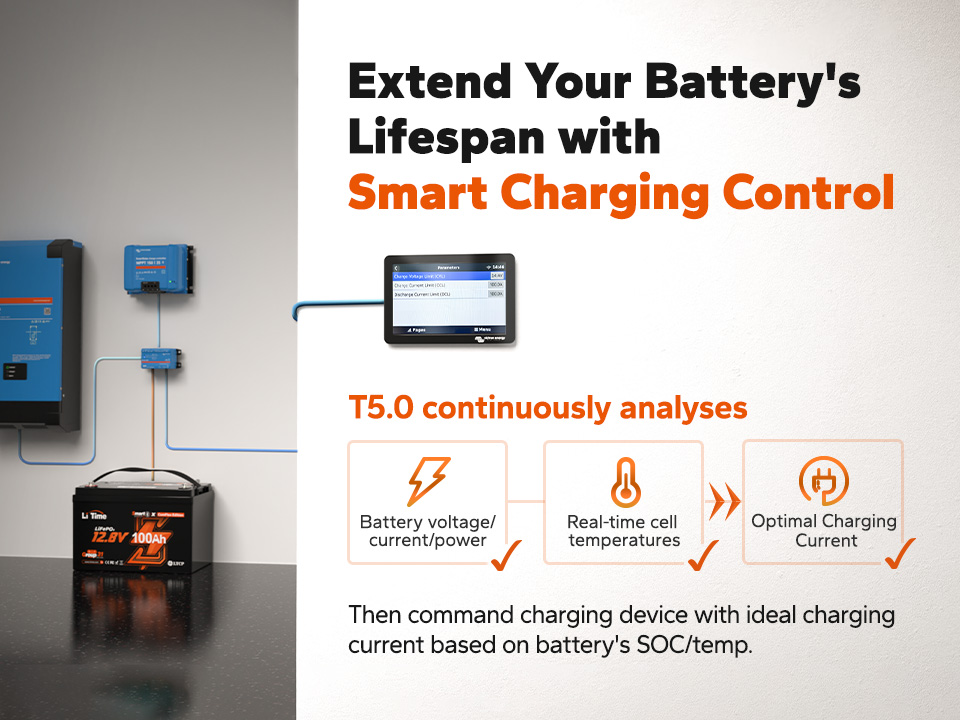 A LiTime Smart Battery connected via CAN bus to a Victron GX monitoring device.